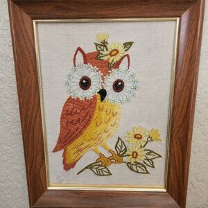 Vintage 1970s Crewel Owl Embroidery, Flower-Eyed Folk Art Wall Hanging